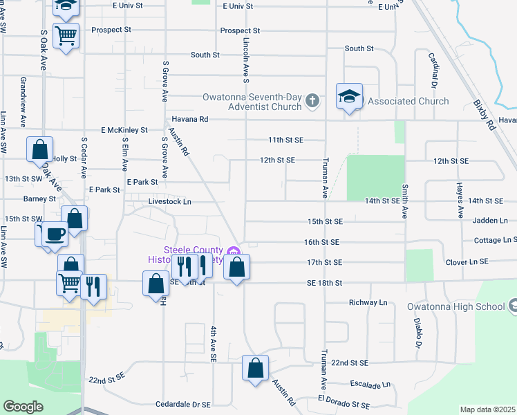 map of restaurants, bars, coffee shops, grocery stores, and more near in Owatonna