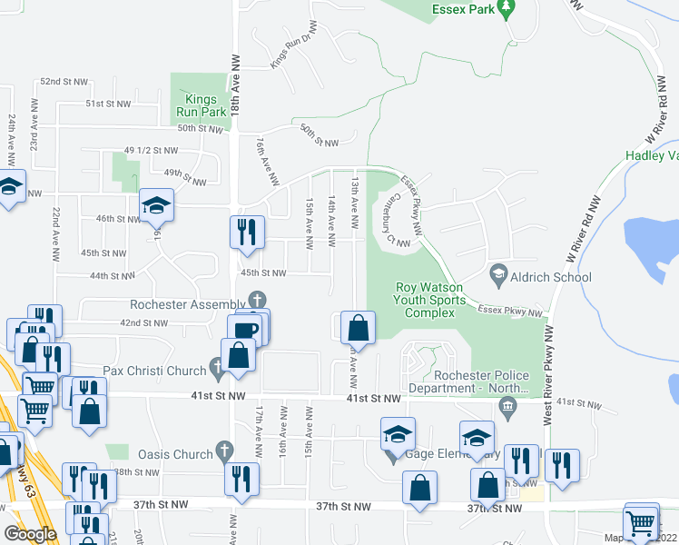 map of restaurants, bars, coffee shops, grocery stores, and more near 4502 14th Avenue Northwest in Rochester