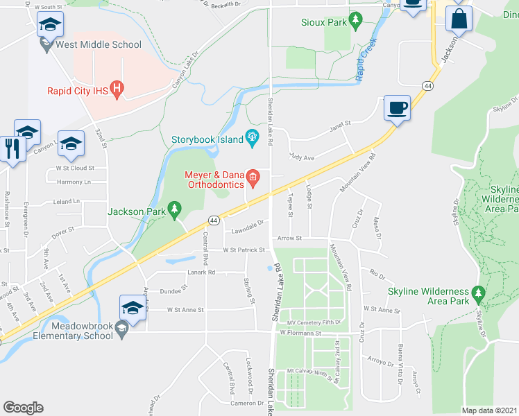 map of restaurants, bars, coffee shops, grocery stores, and more near 2611 Jackson Boulevard in Rapid City