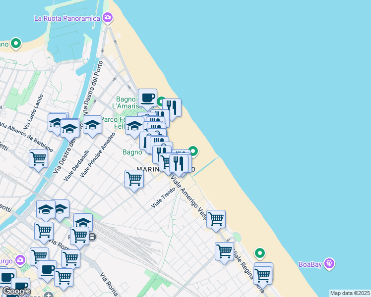 map of restaurants, bars, coffee shops, grocery stores, and more near 28 Lungomare Claudio Tintori in Rimini