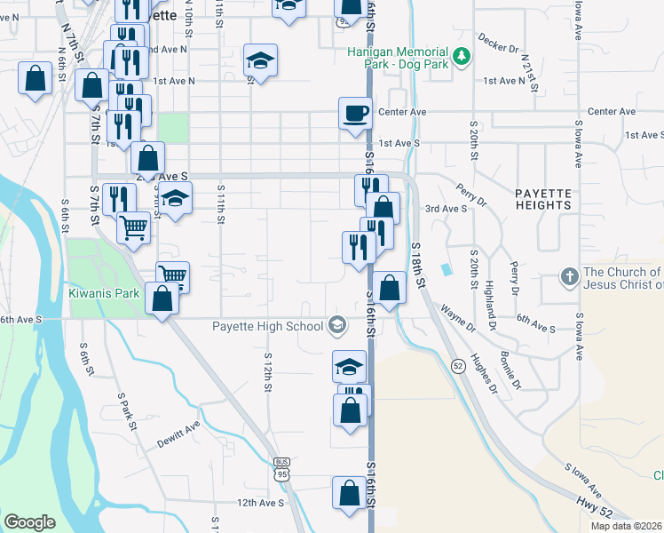 map of restaurants, bars, coffee shops, grocery stores, and more near 425 South 14th Street in Payette