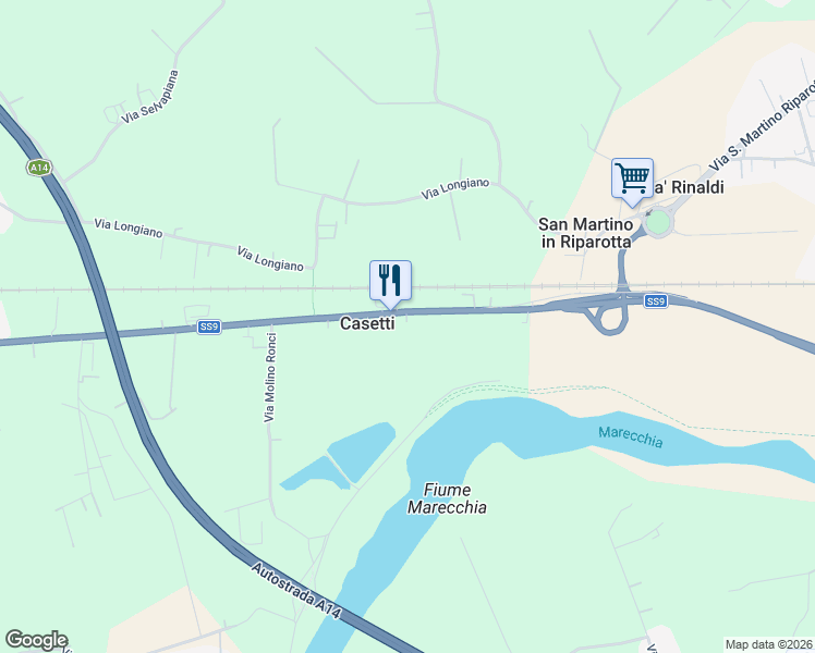 map of restaurants, bars, coffee shops, grocery stores, and more near 215 Via Emilia in Provincia di Rimini