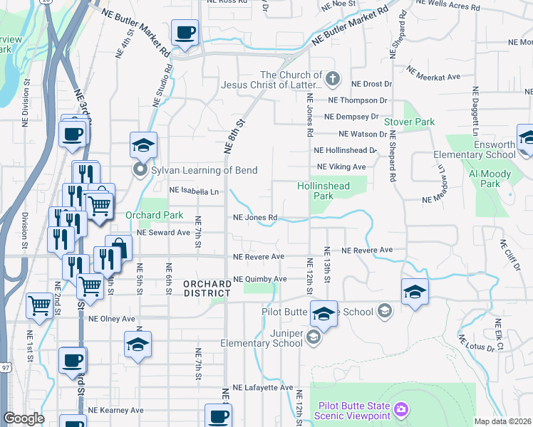 map of restaurants, bars, coffee shops, grocery stores, and more near 970 Northeast Jones Road in Bend