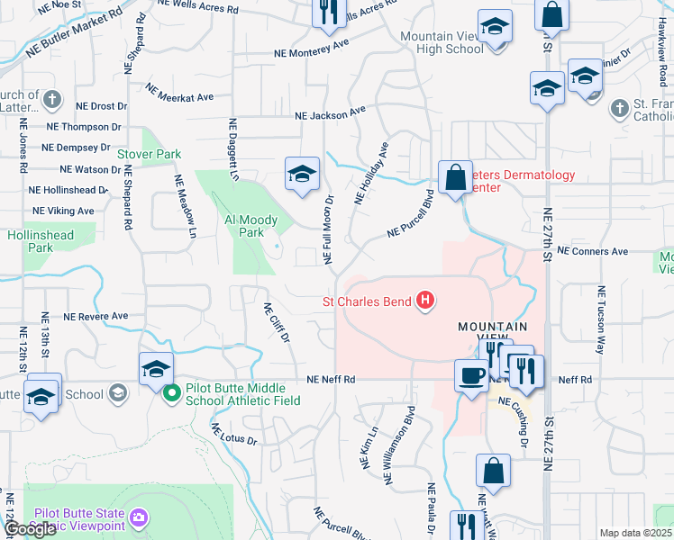 map of restaurants, bars, coffee shops, grocery stores, and more near 1941 Northeast Purcell Boulevard in Bend