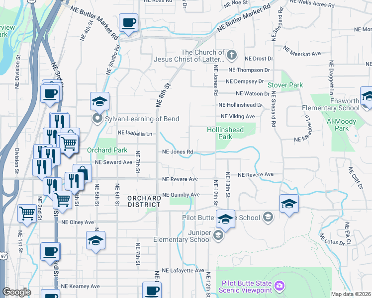 map of restaurants, bars, coffee shops, grocery stores, and more near 1083 Hobbs Court in Bend