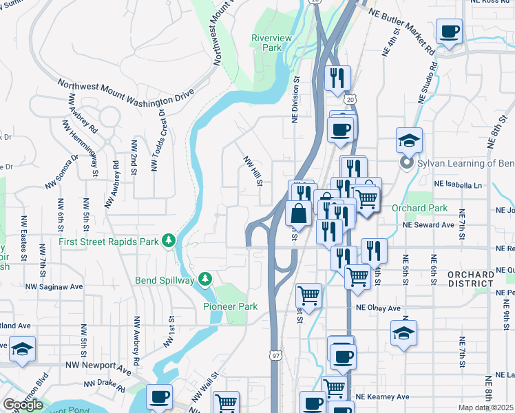 map of restaurants, bars, coffee shops, grocery stores, and more near 2018 Northwest Hill Street in Bend