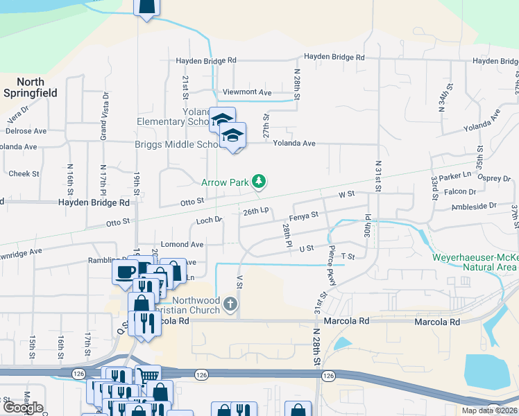 map of restaurants, bars, coffee shops, grocery stores, and more near 2457 Otto Street in Springfield