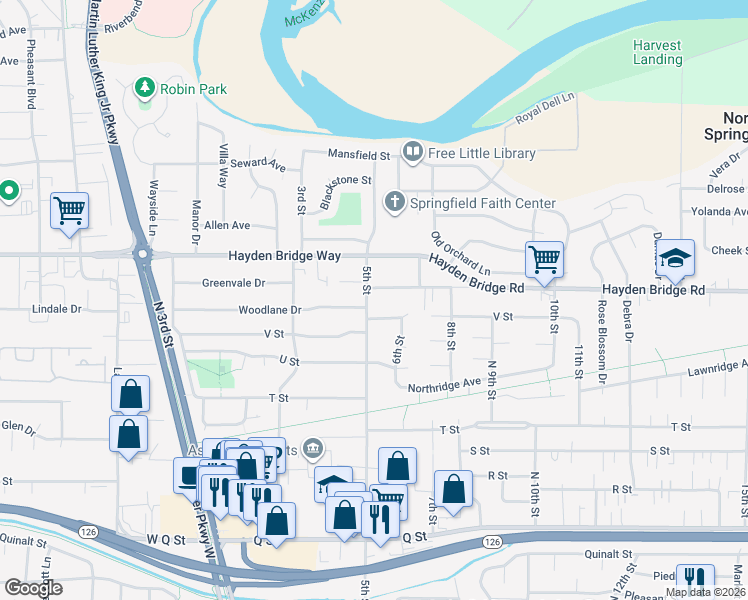 map of restaurants, bars, coffee shops, grocery stores, and more near 2382 5th Street in Springfield