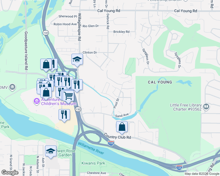 map of restaurants, bars, coffee shops, grocery stores, and more near 830 Meadow Butte Loop in Eugene