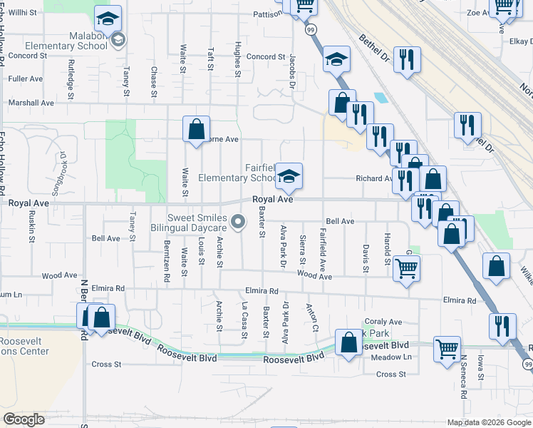 map of restaurants, bars, coffee shops, grocery stores, and more near 3486 Royal Avenue in Eugene