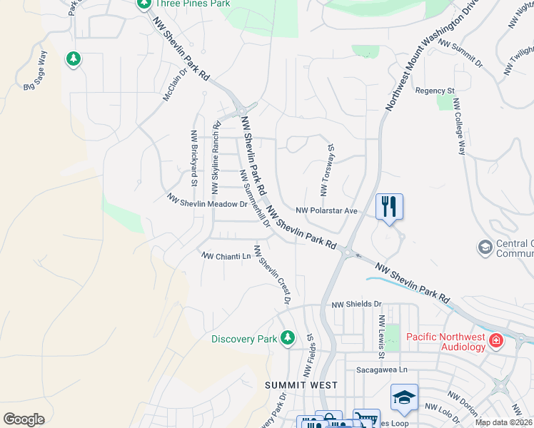 map of restaurants, bars, coffee shops, grocery stores, and more near 2360 Northwest Summerhill Drive in Bend