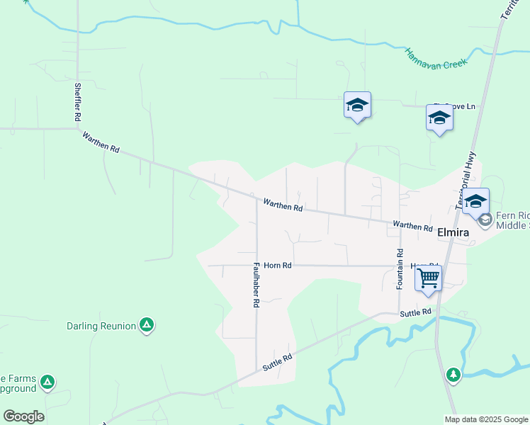 map of restaurants, bars, coffee shops, grocery stores, and more near 24706 Warthen Road in Elmira