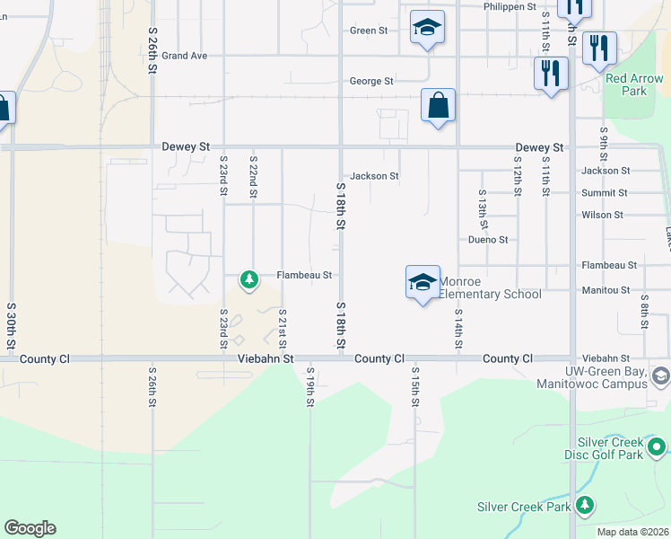 map of restaurants, bars, coffee shops, grocery stores, and more near 2376 South 18th Street in Manitowoc