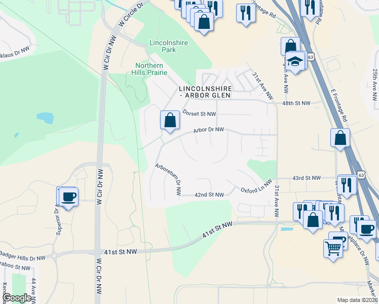 map of restaurants, bars, coffee shops, grocery stores, and more near 4519 Avon Lane Northwest in Rochester
