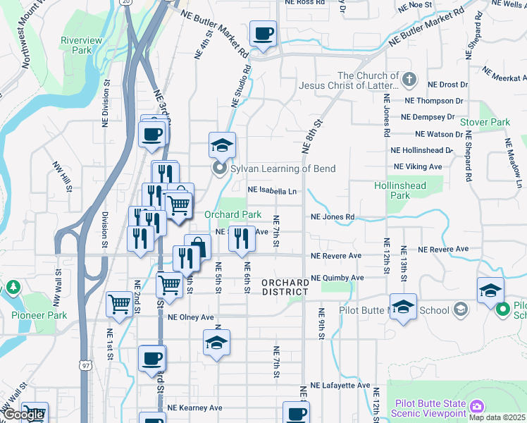map of restaurants, bars, coffee shops, grocery stores, and more near 647 Northeast Innes Lane in Bend