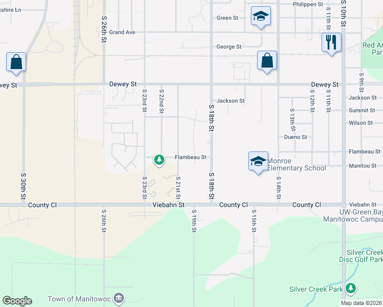 map of restaurants, bars, coffee shops, grocery stores, and more near 1902 Flambeau Street in Manitowoc