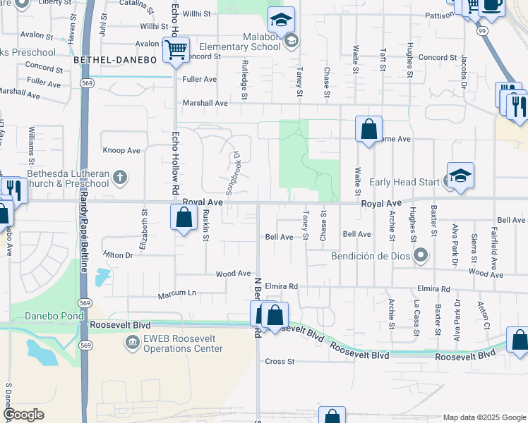 map of restaurants, bars, coffee shops, grocery stores, and more near 3952 Royal Avenue in Eugene