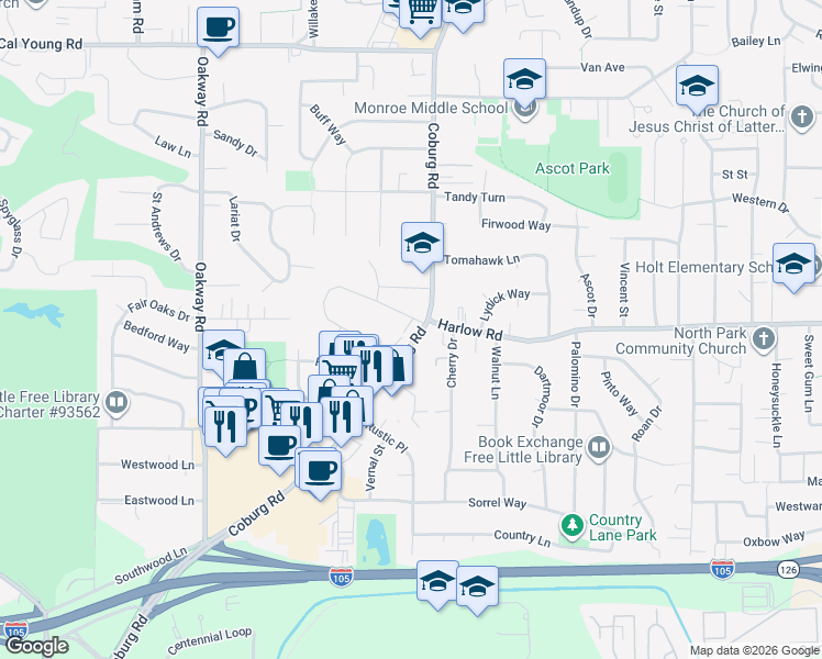 map of restaurants, bars, coffee shops, grocery stores, and more near 2355 Pioneer Pike in Eugene