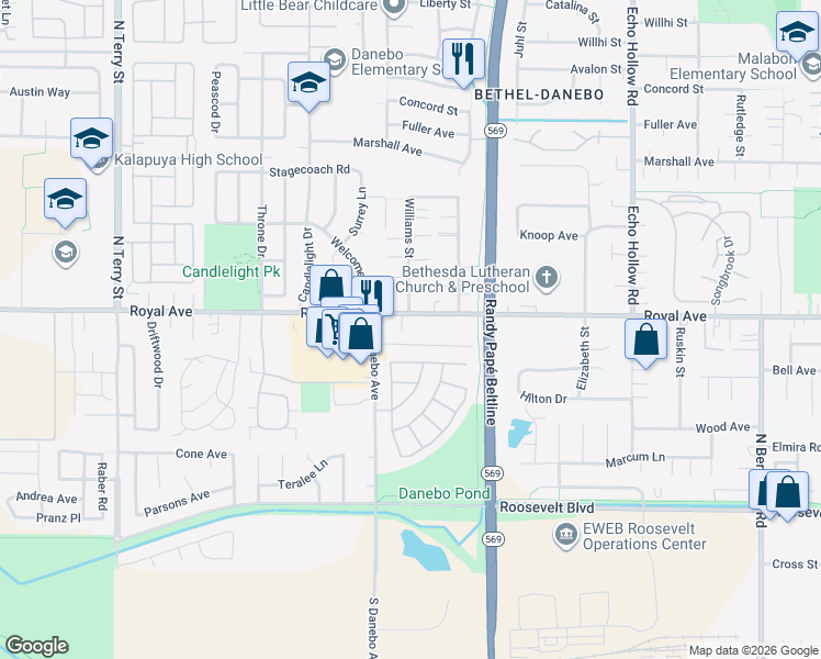 map of restaurants, bars, coffee shops, grocery stores, and more near 4666 Royal Avenue in Eugene