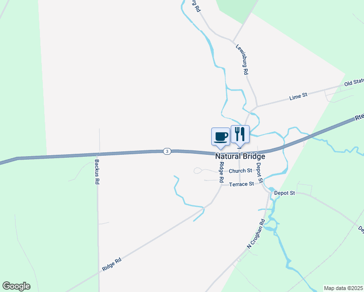 map of restaurants, bars, coffee shops, grocery stores, and more near 43735 State Route 3 in Natural Bridge