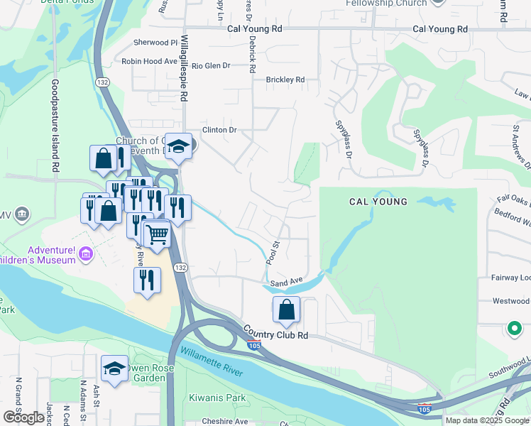 map of restaurants, bars, coffee shops, grocery stores, and more near 854 Pool Street in Eugene