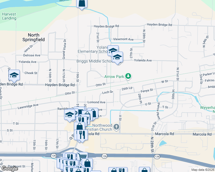 map of restaurants, bars, coffee shops, grocery stores, and more near 2368 Corral Drive in Springfield