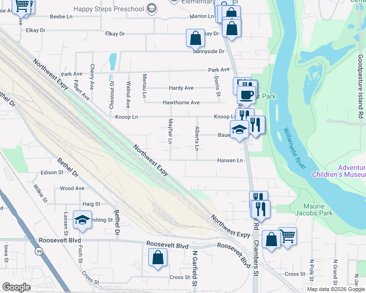 map of restaurants, bars, coffee shops, grocery stores, and more near 110 Alberta Lane in Eugene