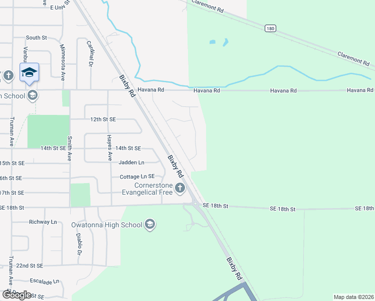map of restaurants, bars, coffee shops, grocery stores, and more near 1375 Greenleaf Road in Owatonna