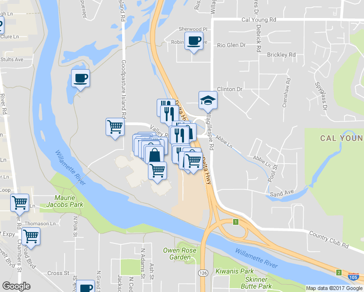 map of restaurants, bars, coffee shops, grocery stores, and more near 1085 Valley River Way in Eugene