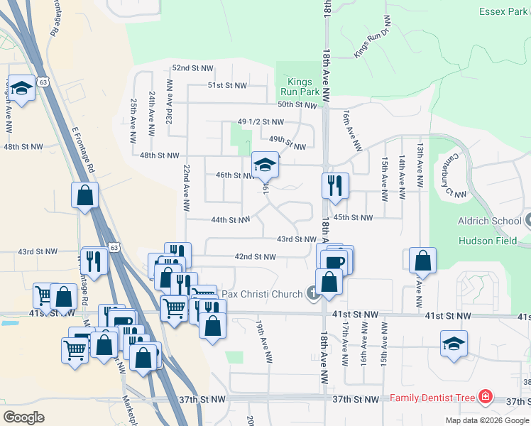 map of restaurants, bars, coffee shops, grocery stores, and more near 1925 44th Street Northwest in Rochester