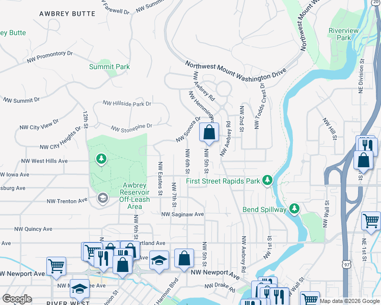 map of restaurants, bars, coffee shops, grocery stores, and more near 2300 Northwest 6th Street in Bend