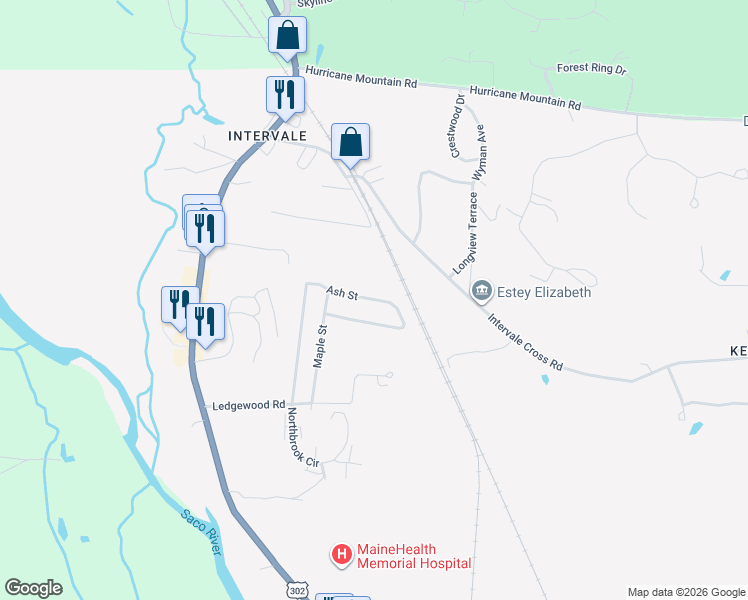 map of restaurants, bars, coffee shops, grocery stores, and more near 76 Ash Street in Conway