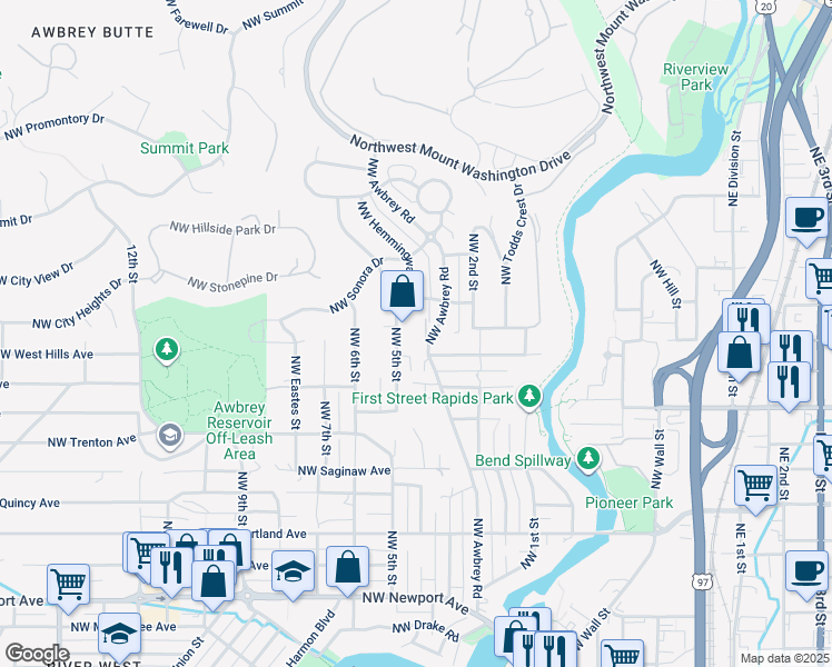 map of restaurants, bars, coffee shops, grocery stores, and more near 2352 Northwest 5th Street in Bend