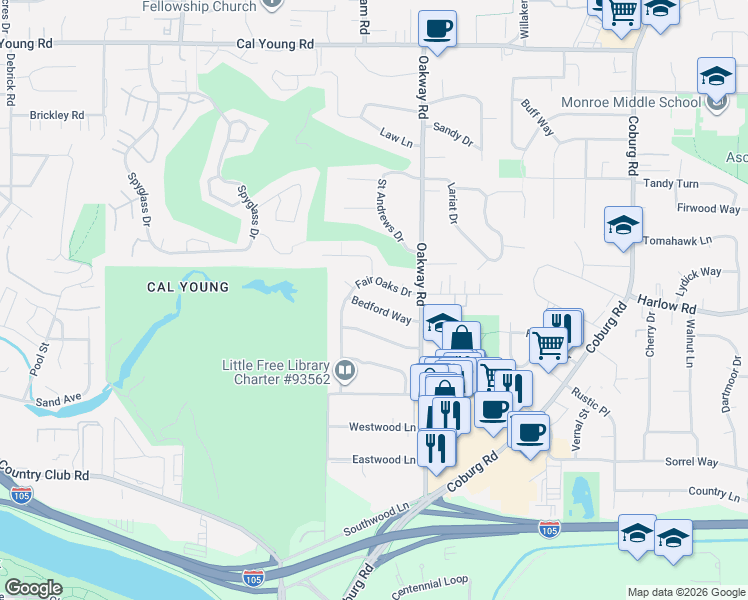 map of restaurants, bars, coffee shops, grocery stores, and more near 731 Fair Oaks Drive in Eugene