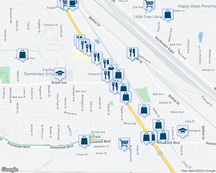 map of restaurants, bars, coffee shops, grocery stores, and more near 3048 Royal Avenue in Eugene