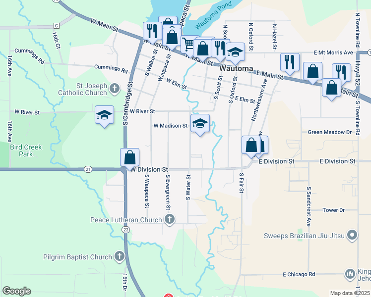 map of restaurants, bars, coffee shops, grocery stores, and more near 530 South Water Street in Wautoma