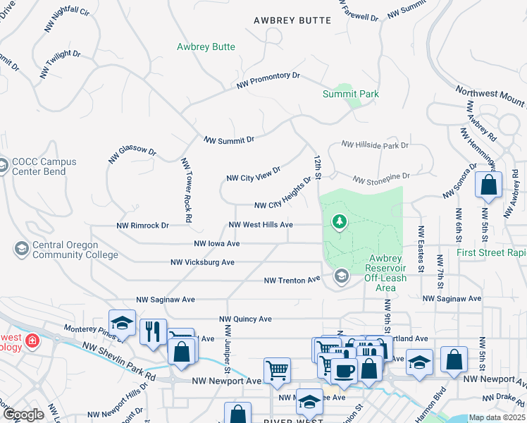 map of restaurants, bars, coffee shops, grocery stores, and more near 1463 Northwest City Heights Drive in Bend