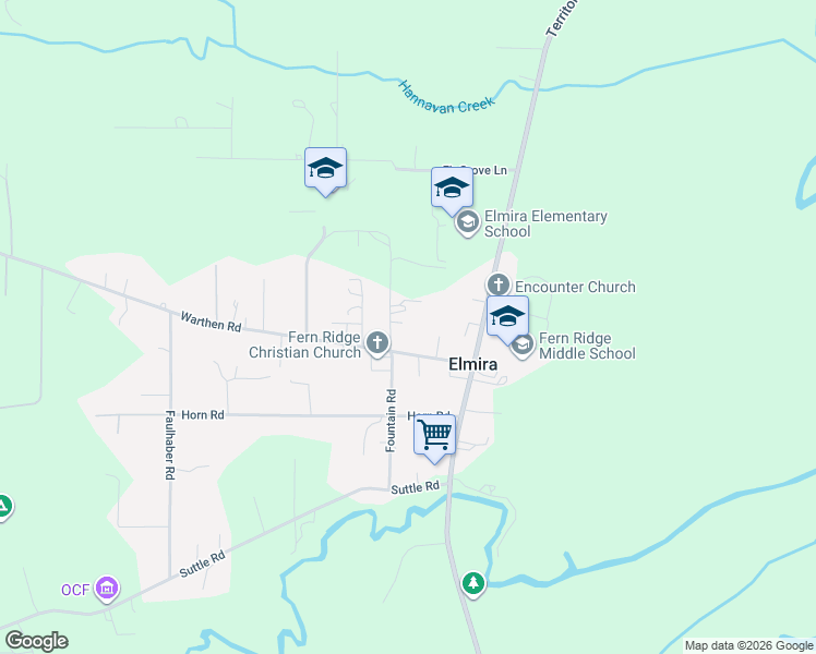 map of restaurants, bars, coffee shops, grocery stores, and more near 88863 Fountain Road in Elmira