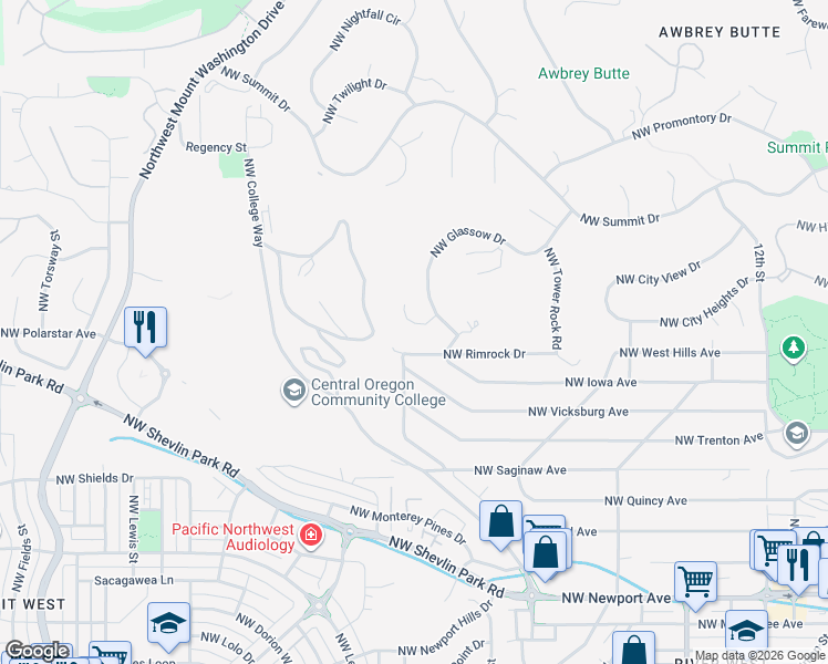 map of restaurants, bars, coffee shops, grocery stores, and more near 1923 Northwest Sun Ray Court in Bend