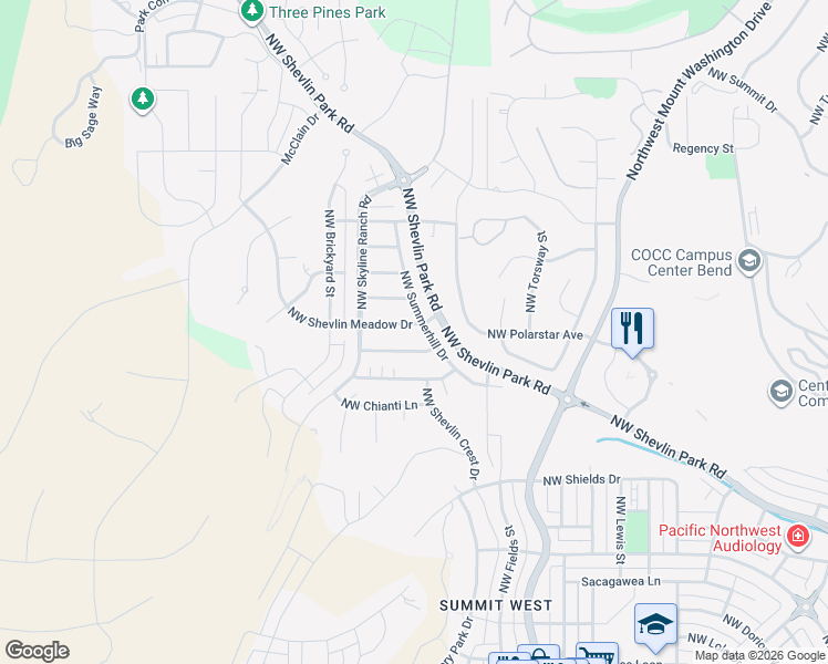 map of restaurants, bars, coffee shops, grocery stores, and more near 2935 Northwest Shevlin Meadow Drive in Bend