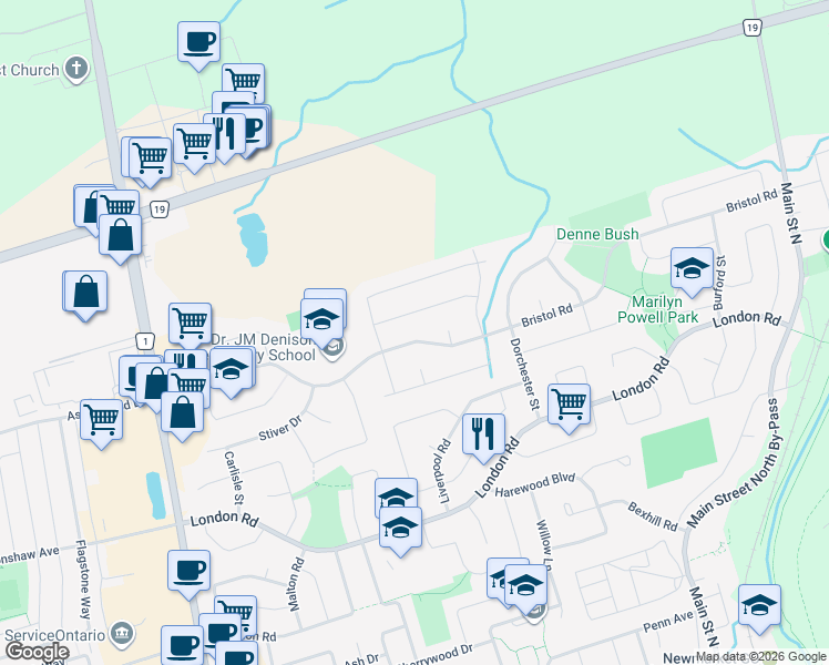 map of restaurants, bars, coffee shops, grocery stores, and more near 209 Bristol Road in Newmarket