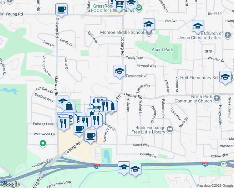 map of restaurants, bars, coffee shops, grocery stores, and more near 2355 Pioneer Pike in Eugene