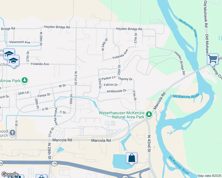 map of restaurants, bars, coffee shops, grocery stores, and more near 3459 Falcon Drive in Springfield