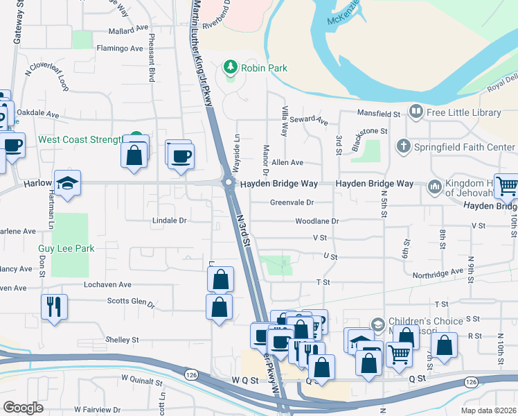 map of restaurants, bars, coffee shops, grocery stores, and more near 65 Greenvale Drive in Springfield