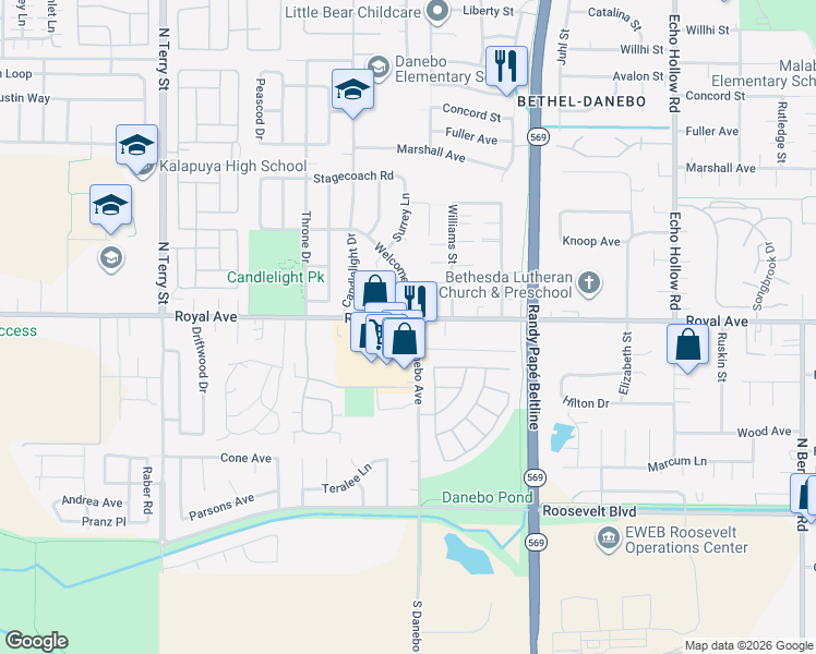 map of restaurants, bars, coffee shops, grocery stores, and more near 4710 Royal Avenue in Eugene