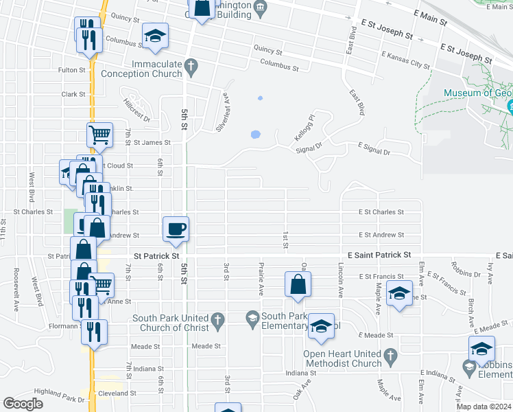 map of restaurants, bars, coffee shops, grocery stores, and more near 204 Saint Charles Street in Rapid City