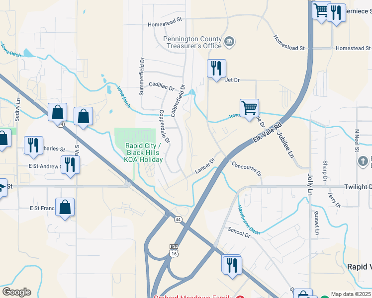 map of restaurants, bars, coffee shops, grocery stores, and more near 1614 Copperfield Drive in Rapid City