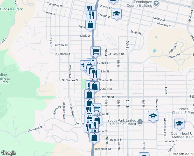 map of restaurants, bars, coffee shops, grocery stores, and more near 728 Saint Charles Street in Rapid City