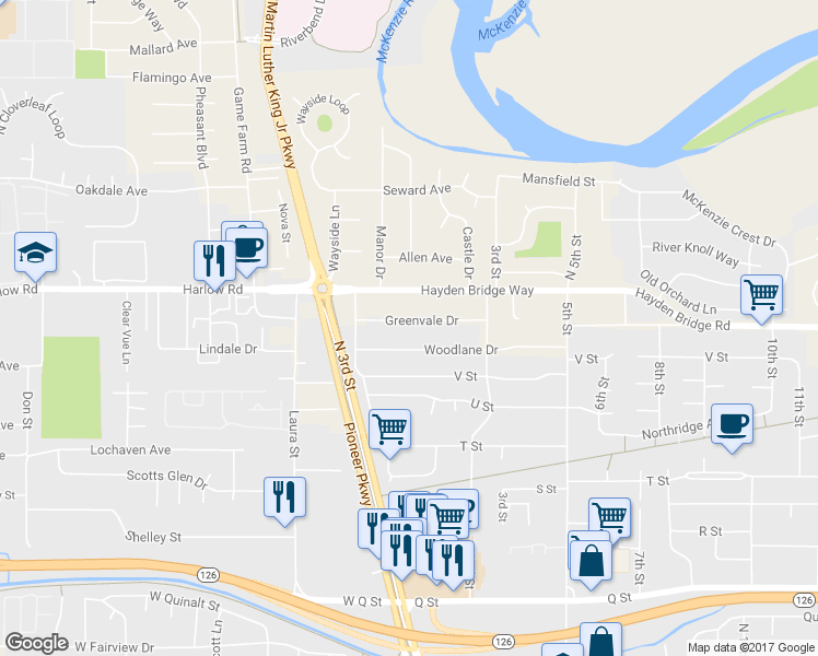 map of restaurants, bars, coffee shops, grocery stores, and more near 123 Greenvale Drive in Springfield