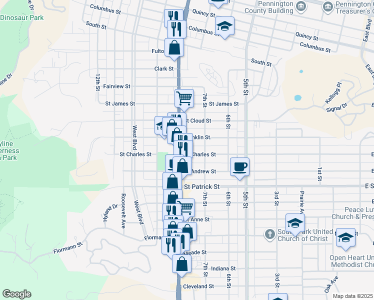 map of restaurants, bars, coffee shops, grocery stores, and more near 728 Saint Charles Street in Rapid City